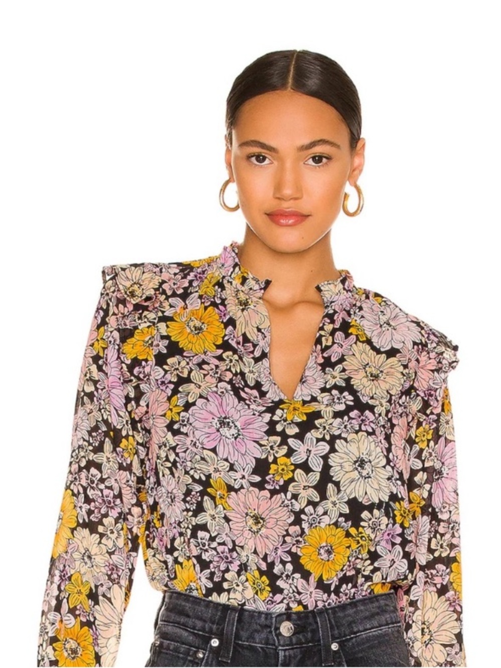Silky Chiffon Colorful Floral Ruffle Blouse